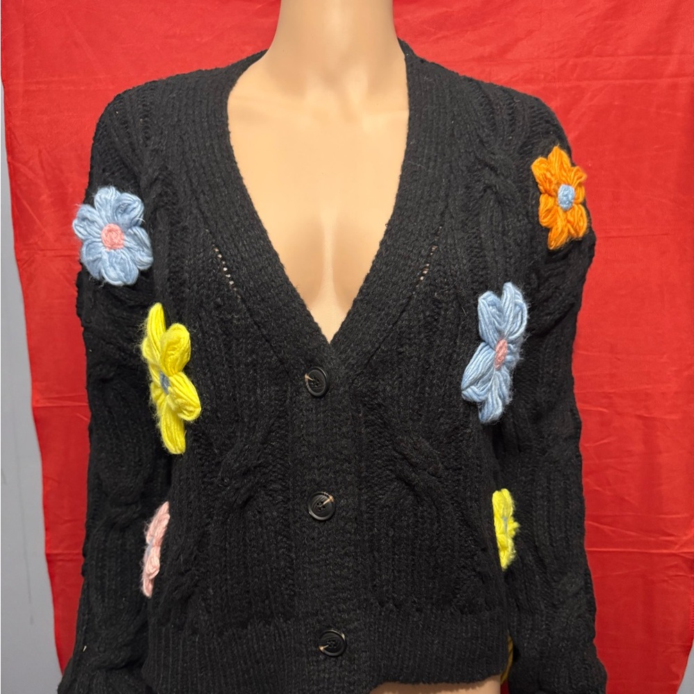 Chic Black Cardigan with Colorful Floral Accents Very J Style size Small NWT